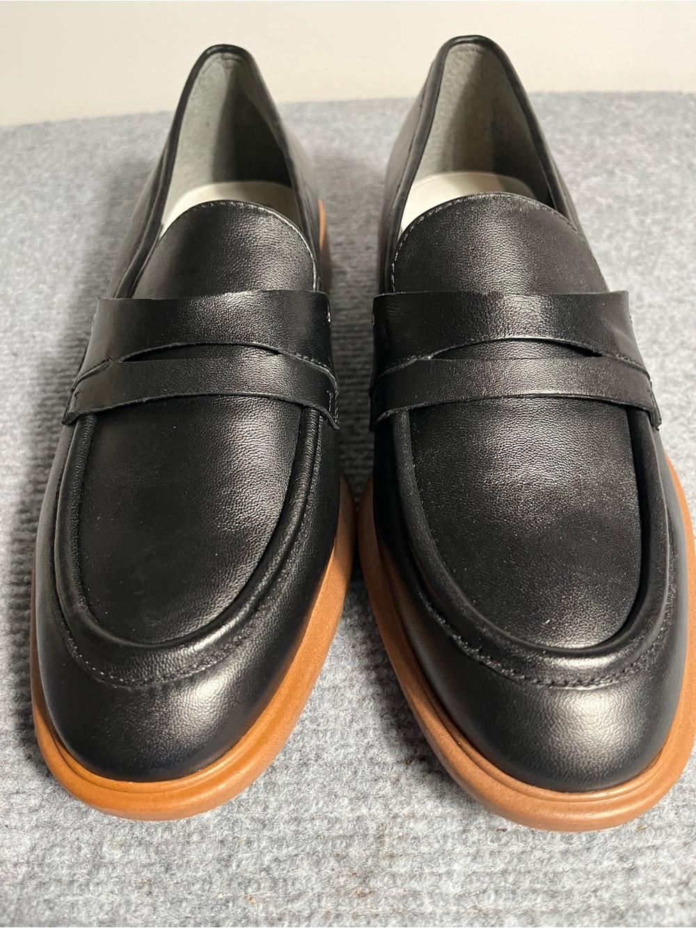 Franco Sarto Black Leather Penny Loafers with Brown Sole